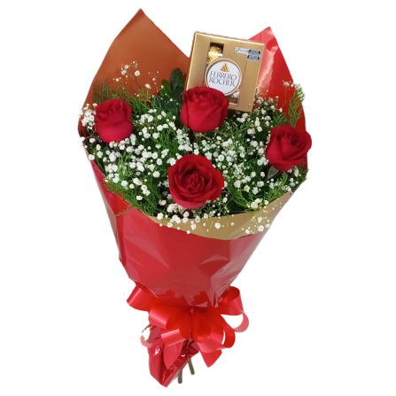 Buquê Carinho de  4 Rosas+ 4 Ferrero Rocher ( Promoção)